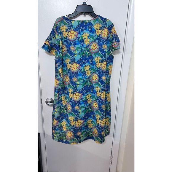 Chelsea Gunn Womens Tunic Blouse Short Sleeve Floral Blue Yellow Large - Picture 6 of 10
